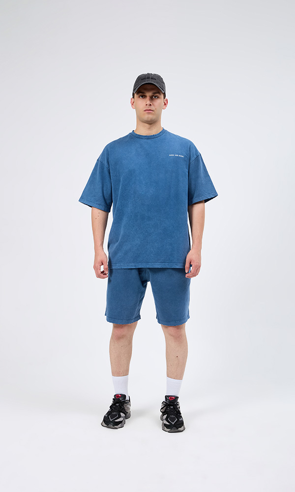 Mavi Yıkamalı Tişört Şort Takımı