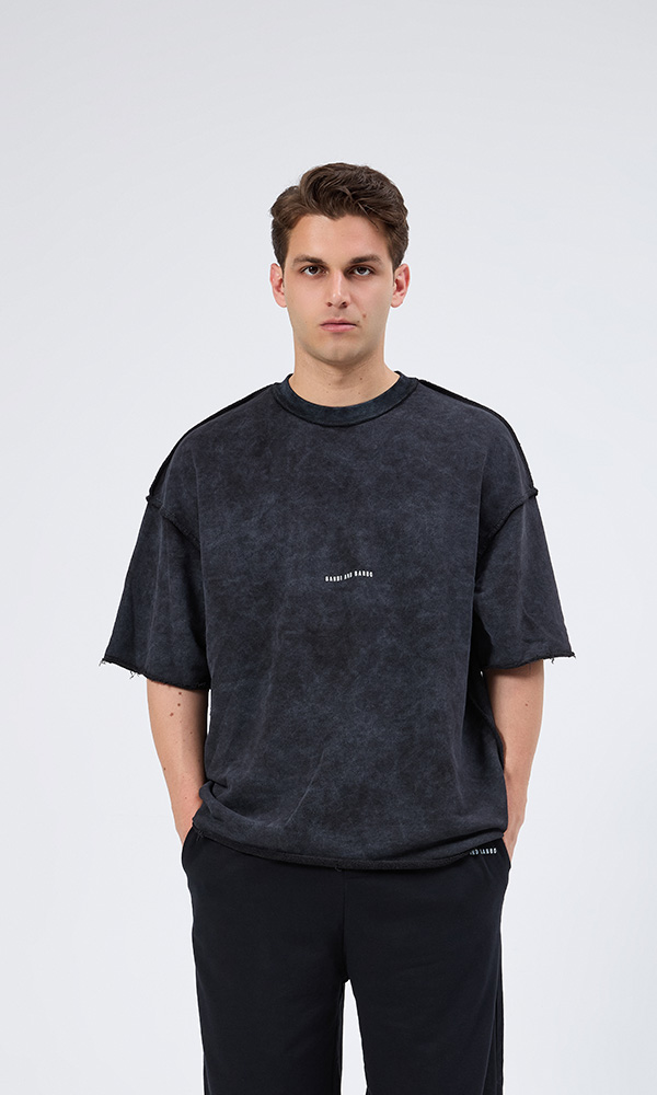 Antrasit Yıkamalı Dikişli Oversıze Tişört